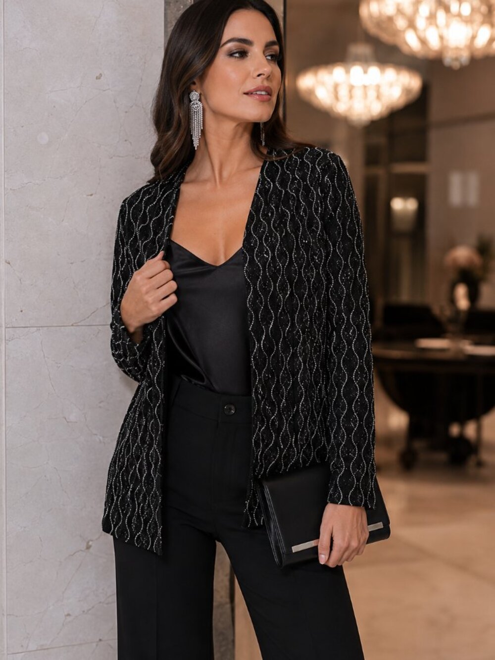 Praise Hymn Fashion Black Silver Glitter Knit Open Front Party Blazer 1X